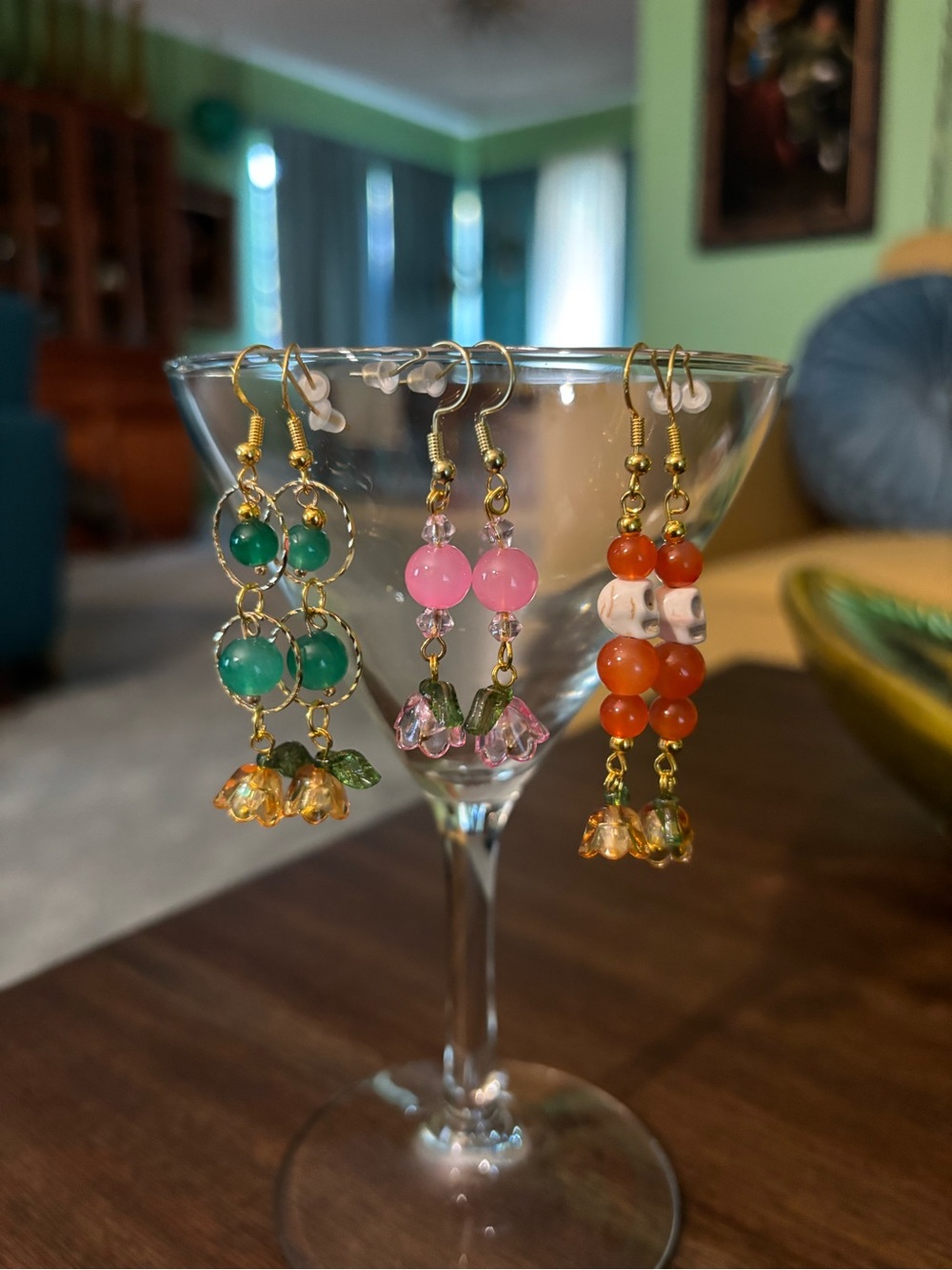 Gold-Tone Beaded Dangle Earrings Trio - Green, Pink & Orange